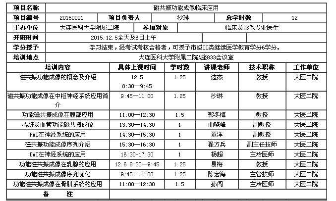 大连市2015年《磁共振功能成像临床应用》学习班的通知