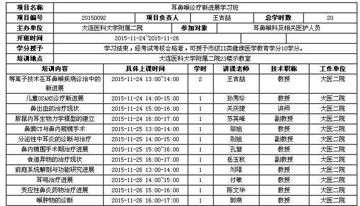 大连市2015年《耳鼻喉诊疗新进展学习班》学习班的通知