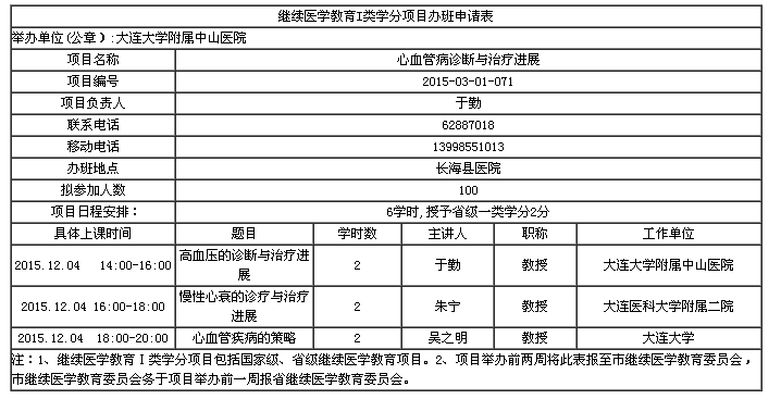 大连市2015年《心血管病诊断与治疗进展》学习班的通知