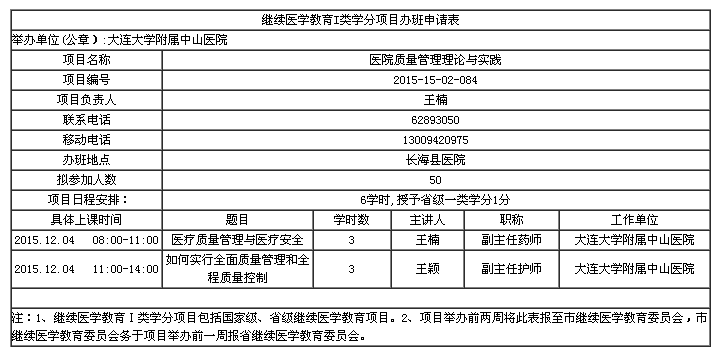 大连市2015年《医院质量管理理论与实践》学习班的通知