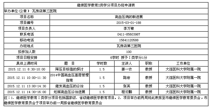 大连市2015年《高血压病的新进展》学习班的通知