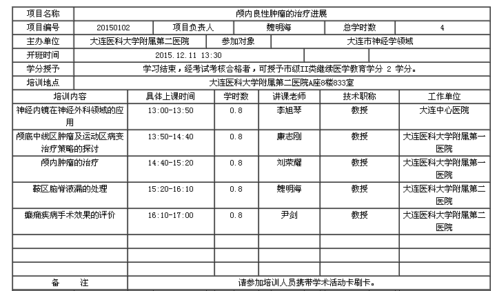 大连市2015年《颅内良性肿瘤的治疗进展》学习班的通知